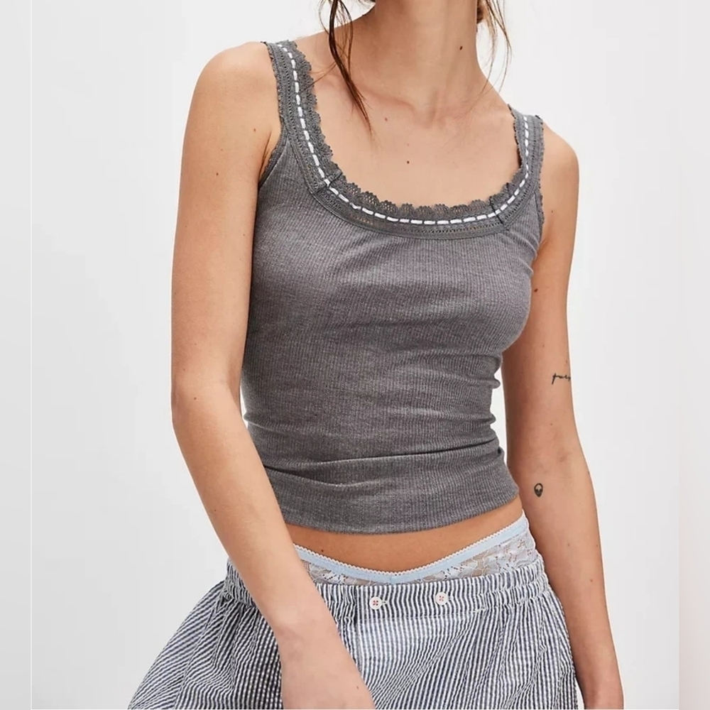 Free People Intimately Only You Ribbed Tank Ribbon Lace Detail, Heather Grey